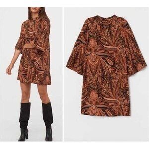 Richard Allen X H and M Dress Womens 14 Earth Tone Boho Print Bell Sleeve Mini